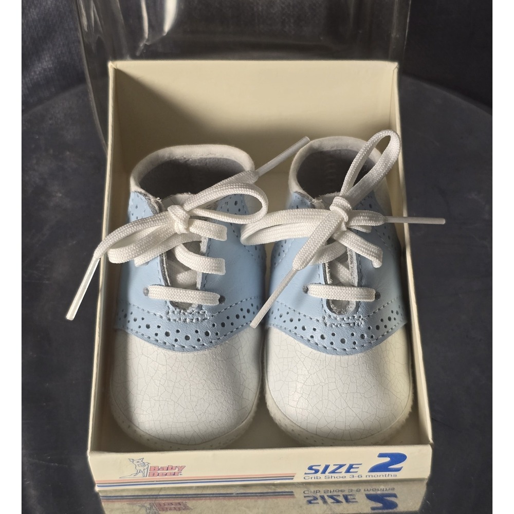 Baby Deer White/Light Blue Leather Oxford Lace-Up Crib Shoes Boys US Size 2